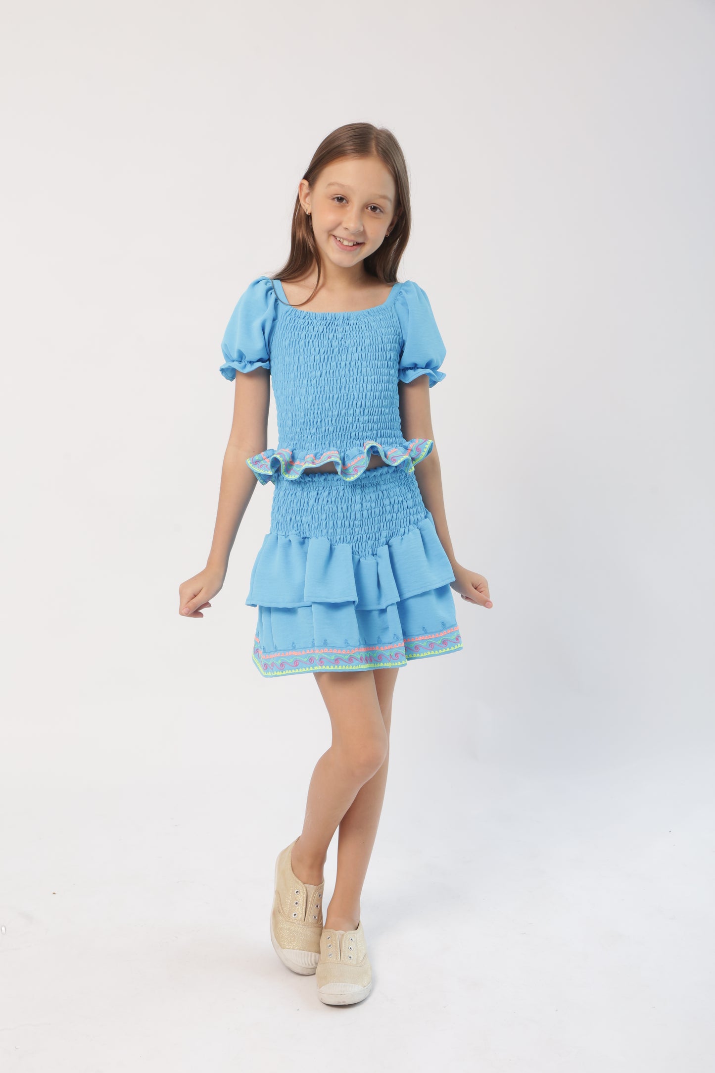 Turquoise Smock Top and Skirt Set – Bright and Bold Beauty 🌺